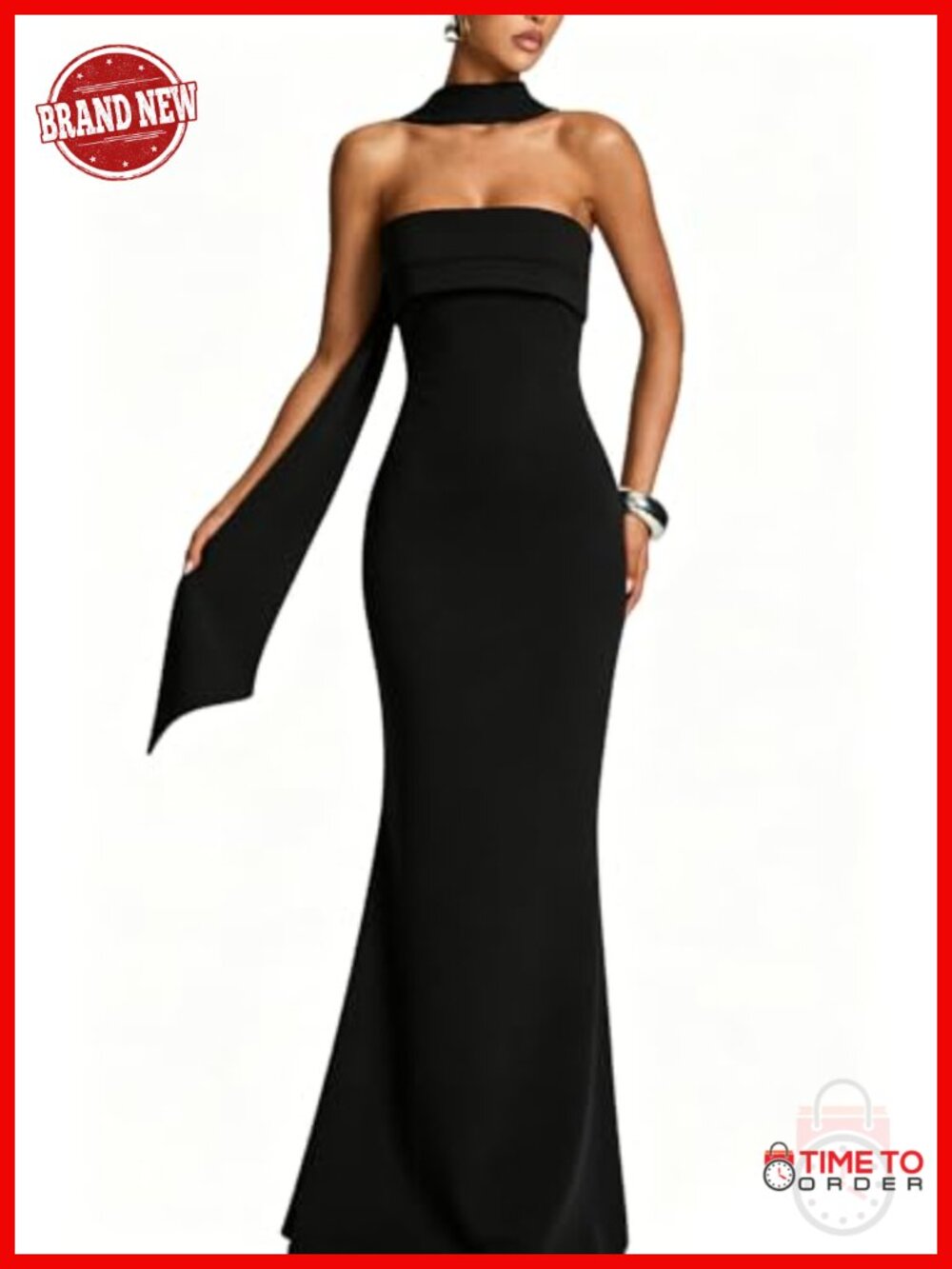 Women's Strapless Bodycon Maxi Dress with Detachable Scarf Formal Wedding Guest
